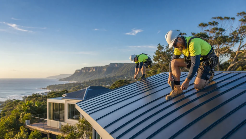Roofers working on a metal roof overlooking the Illawarra coastline.