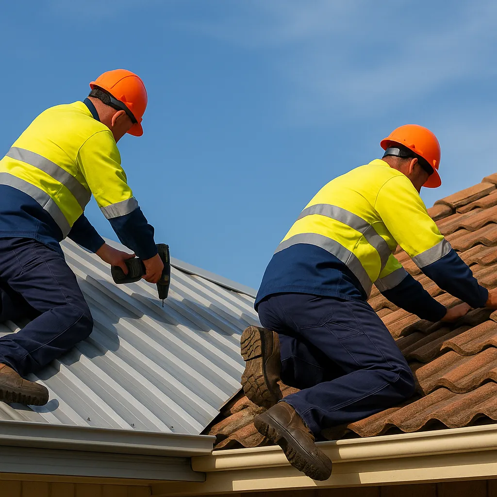 Professional roofers working on commercial metal roofing installation showing tile transition work