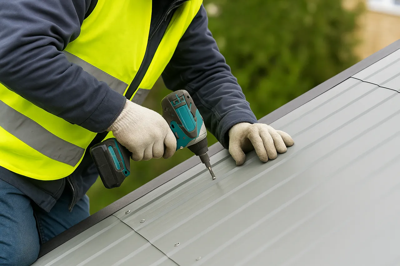 Professional roofer in hi-vis safety gear using power drill on metal colorbond roofing installation
